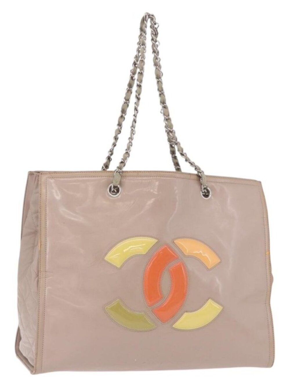 CHANEL Chain Tote Bag Patent leather Beige CC Auth EC956